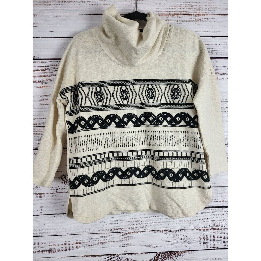 Lucky Brand Cowl Neck 3/4 Sleeve Top S Womens Cream Embroidered Boho Pullover
